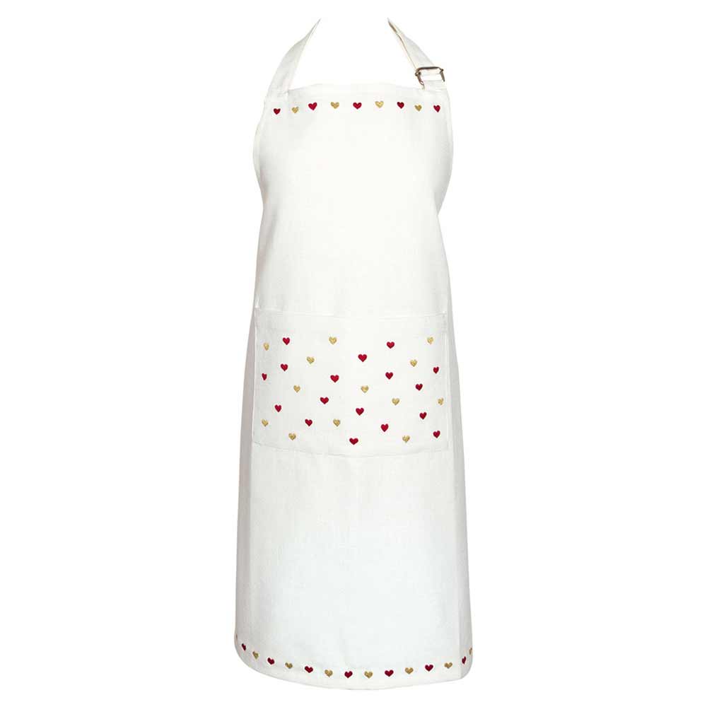 GreenGate - Grace Schürze mit Stickerei mit rosa und roten Herzmustern auf der Brusttasche und am unteren Rand.