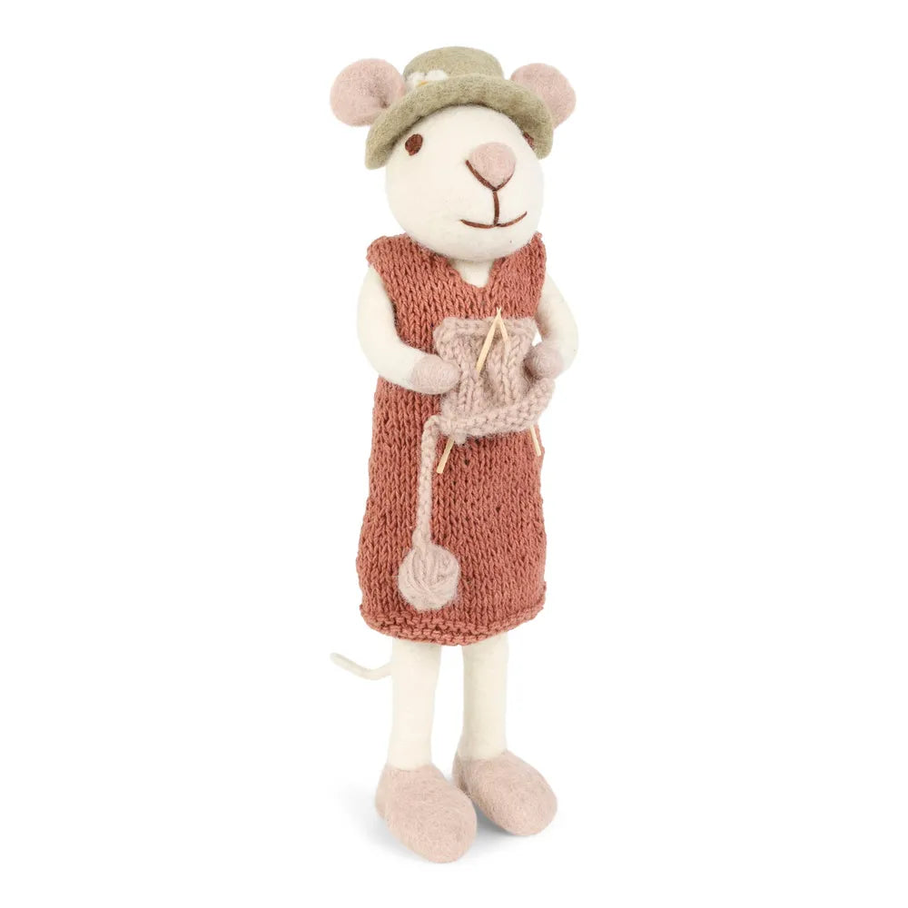Gry &amp; Sif - Große weiße Maus mit Hut, rotem Kleid &amp; Strickzeug